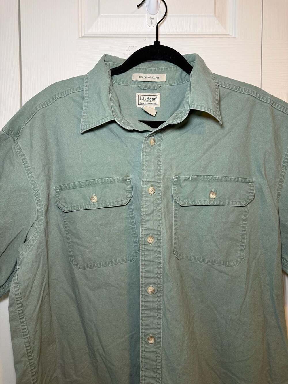 LL Bean Sunwashed Canvas Shirt Size L Reg Green Short Sleeve Traditional